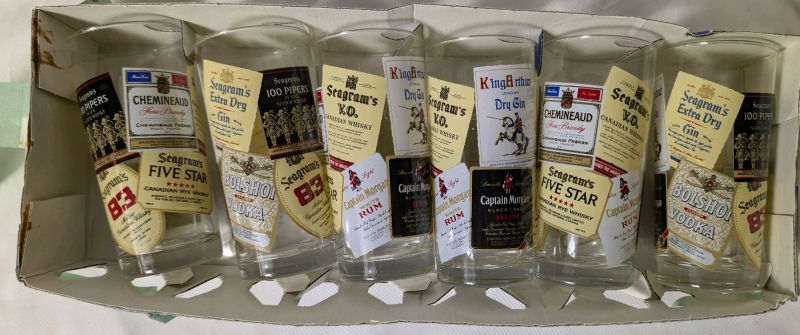 Vintage MCM Highball Liquor Brands Glassware Set of 6 Seagram's, Captain Morgan, King Arthur