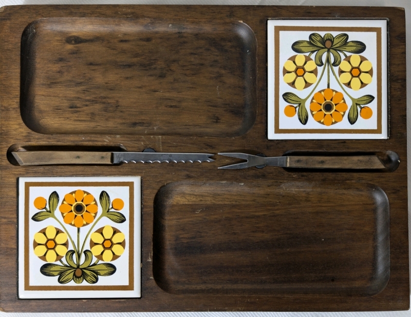 Vintage Charcuterie Board With Cutting Knife And Fork Built In Tile