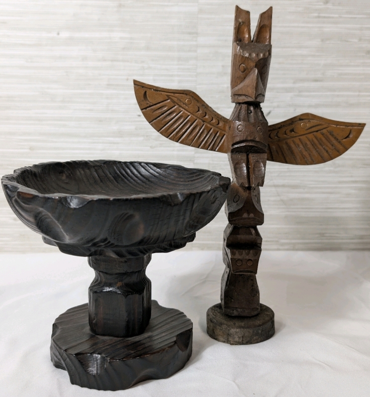 Vintage Lot Of Wooden Totem Pole And Wooden Pedestal Bowl