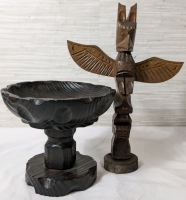 Vintage Lot Of Wooden Totem Pole And Wooden Pedestal Bowl
