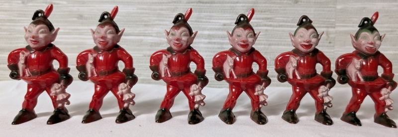 Rare Vintage Lot MCM Rosbro Hard Plastic Red And Green Elf/ Pixie Toy Maker *One Elf Pictured With A Broken Leaf*