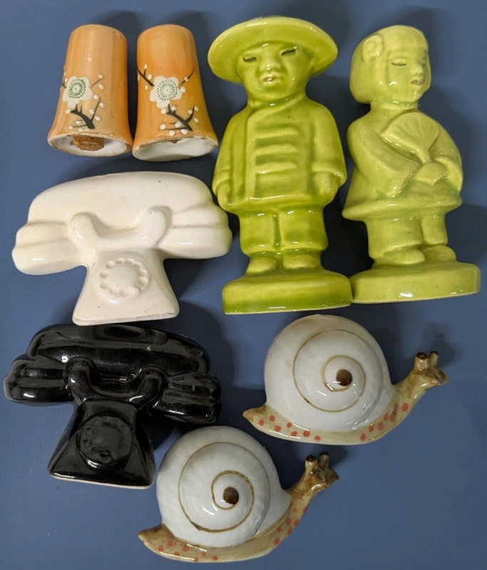 4 Pairs Vintage Ceramic Salt & Pepper Shakers | Flower Snails, Rotary Telephones, Japan Lusterware & Lime Green Couple | Tallest 4"