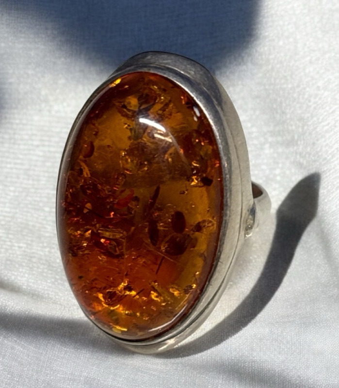 925 Sterling Silver Baltic Amber Statement Ring Size 8 Amazing