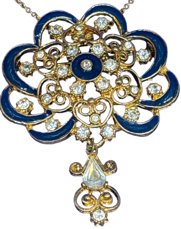 Vintage Blue Enamel Clear Rhinestone Art Nouveau Brooch with Chain