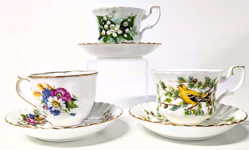 Royal Albert Cups & Saucers | Woodland Series: Goldfinch, Flower of the Month: Lily of the Valley, Harvest-Bouquet