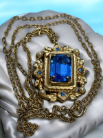 Coro Aquamarine Crystal & Faux Pearl Pendant in Gold Circa Mid 1900s