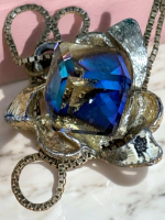 1950s Heliotrope Cube Centre Stone Pendant 925 Sterling Silver Italy Box Chain