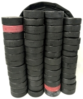 PUCK IT! 54 Assorted Standard-Size Rubber Hockey Pucks in Navigator Backpack (17" Tall)