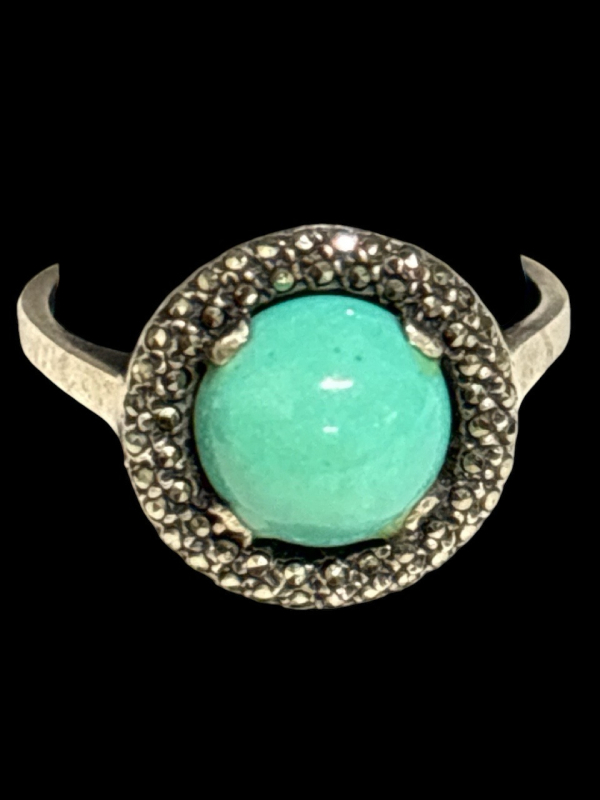 Turquoise Marcacite Sterling Hallmarked Ring Size 7