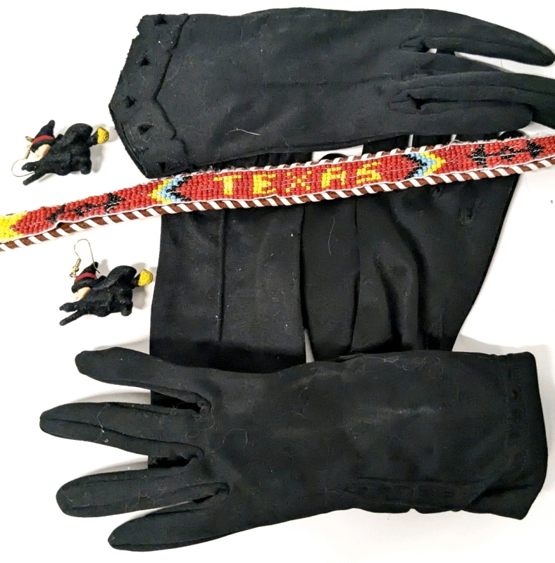 Vintage Beaded Leather TEXAS Belt (0.75" x 26.5"), Flocked Witch Earrings, 4 Pairs Size 7 &frac12; (Med/Large) Nylon Lady Gloves Made in Canada