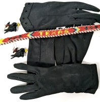Vintage Beaded Leather TEXAS Belt (0.75" x 26.5"), Flocked Witch Earrings, 4 Pairs Size 7 &frac12; (Med/Large) Nylon Lady Gloves Made in Canada