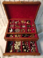 Large Wood Jewelry Box Filled With Assorted Jewelry