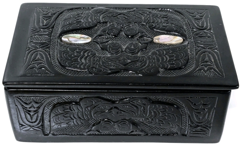 Gorgeous Pearlite Faux Soapstone Haida Design Trinket Box w Inlaid Abalone | 5.15" X 3.25" X 2"
