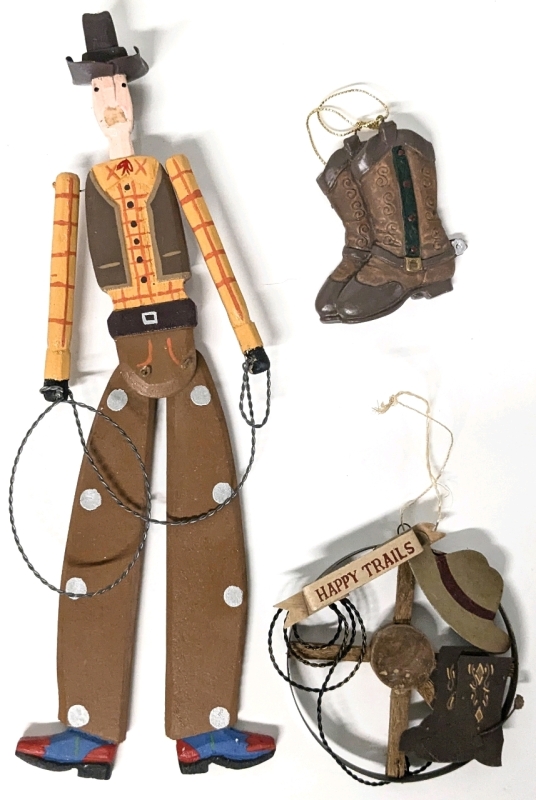 Cowboy Christmas Ornaments | Articulated Cowboy Decked out like Woody from Toy Story, "Happy Trails" Wagon Wheel, Resin Cowboy Boots | Longest 10.75"