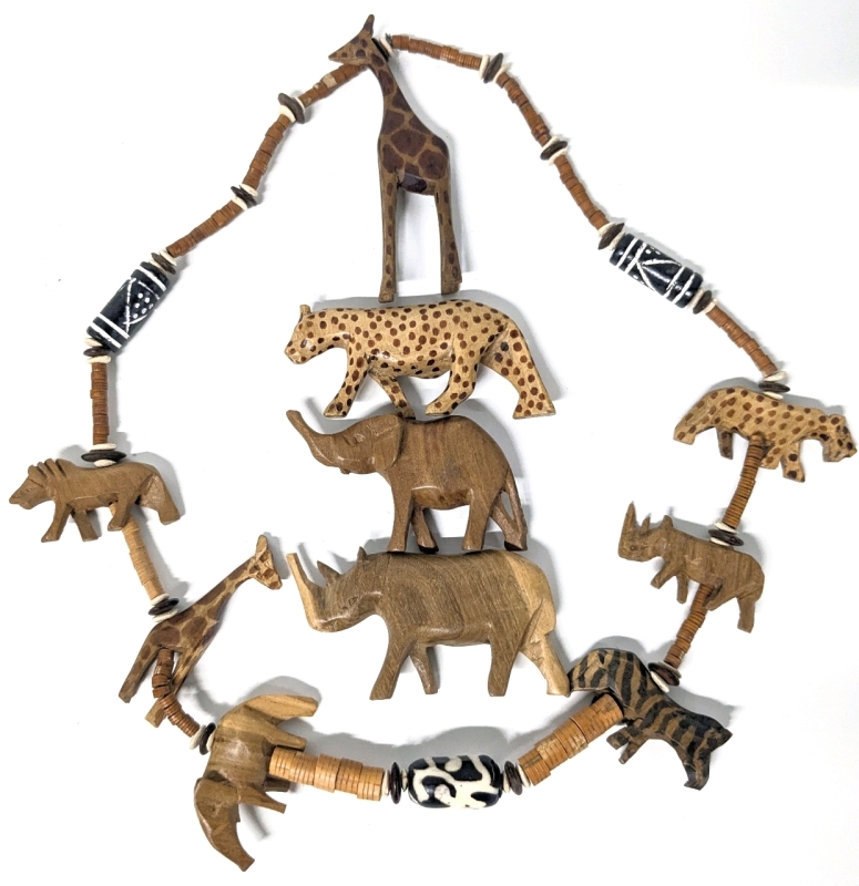 Carved Wood Bead & African Animals Necklace (Approx 30") & 4 Carved Animal Figures (Up to 4.3" Tall)