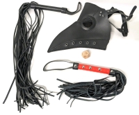 [Adults Only] 2 New Faux Leather Floggers (Up to 25" Long) , Plague Doctor Mask (One Size Fits All) & Wood Sexy-Time 12-Sided Dice