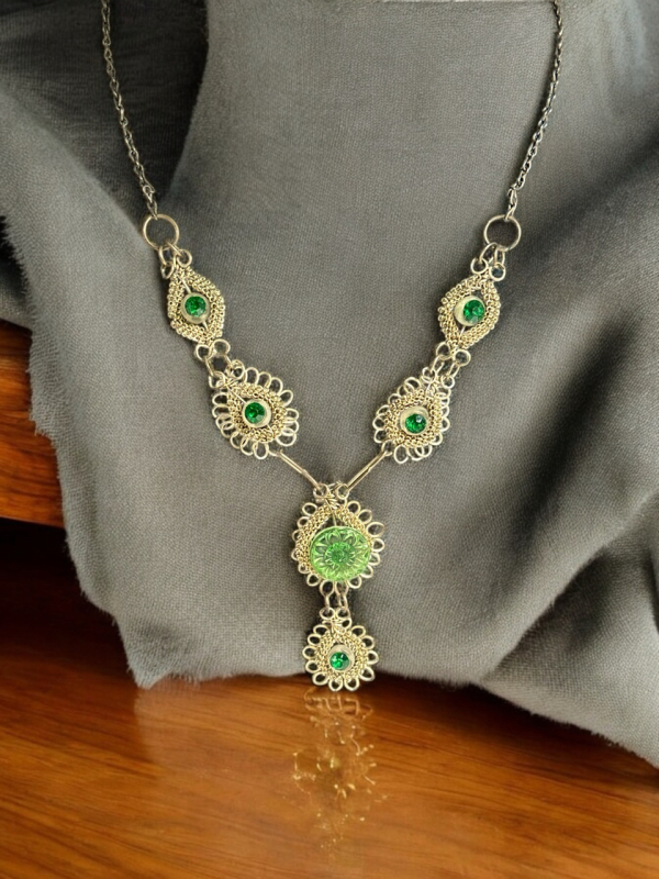 Exquisite Czeck Glass Pendant Necklace Silesia Iron Wirework Pre 1920s
