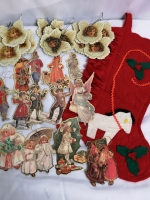 Vintage Cardboard Christmas Ornaments+ Homemade Stocking