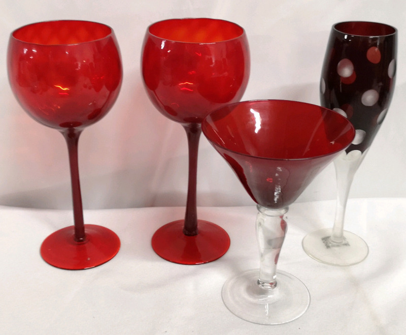 Ruby Red Glass Wine Glasses + Martini Glass