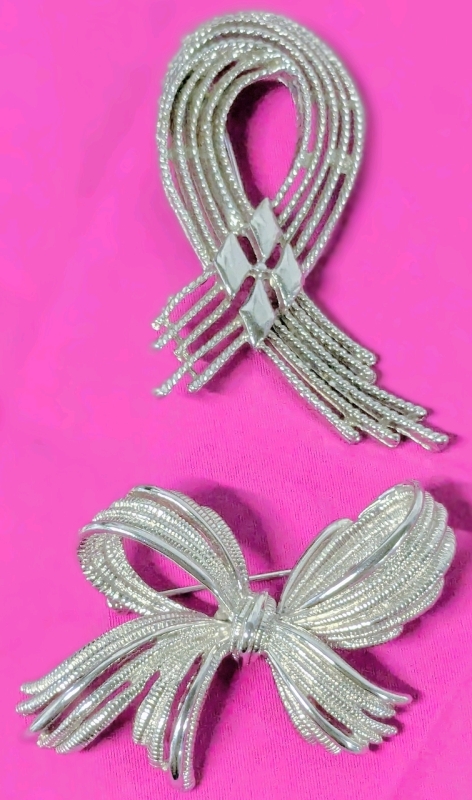 2 Large Silver Tone Ribbon Brooches Stamped Numerically (1803 + 5067) | Up to 2.75" Long