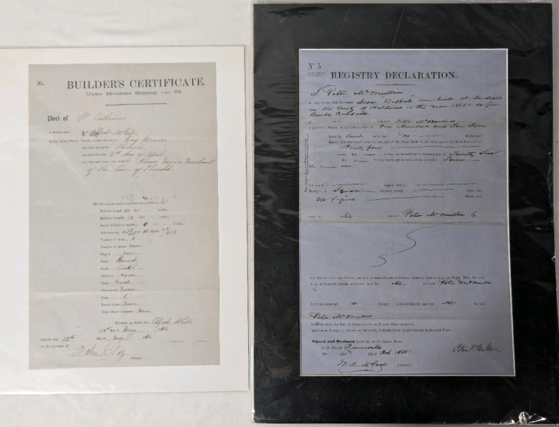 1865 Registry Declaration For Scow "Buffalo" & 1882 Builders Certificate For "Tug Bruce" Made In Thorold