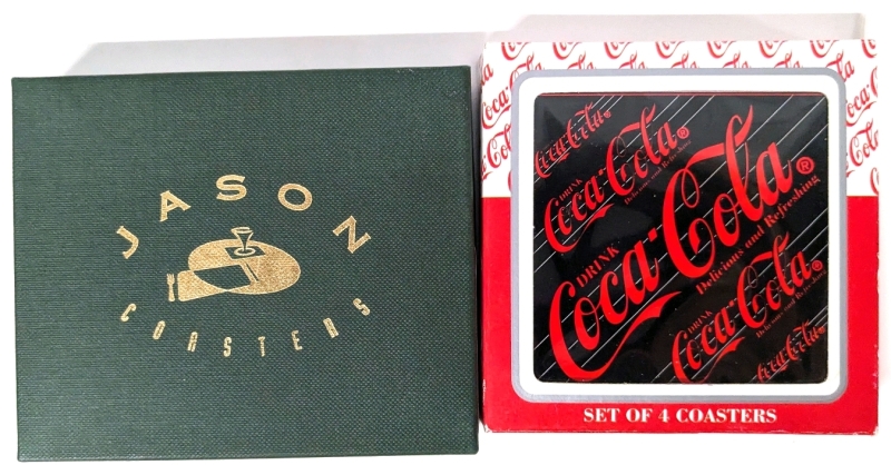 2 Vintage Coaster Sets | Justin New Zealand Playing Cards & 1995 Coca-Cola | Four Coasters in Each Box | 3.8" x 3.8" to 3.75" x 4.5"