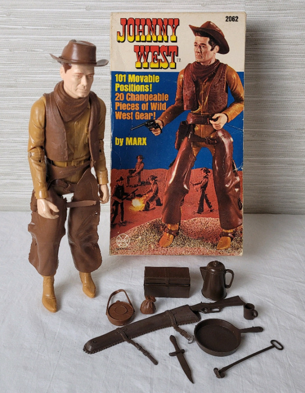 1965 MARX Toys " Johnny West " Movable Cowboy 11" Action Figure w/Accessories & Original Box Lid .