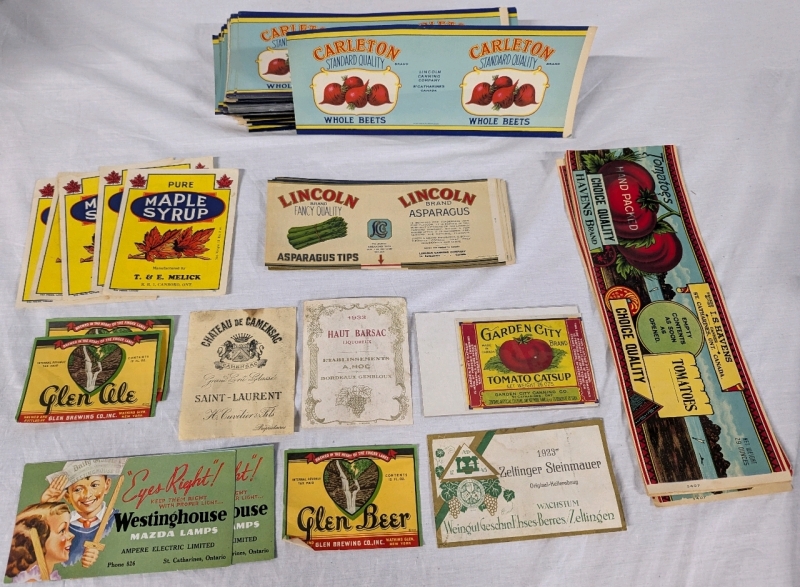 150+ Collection of Vintage Labels. Many Local. Largest 13" by 4.5"