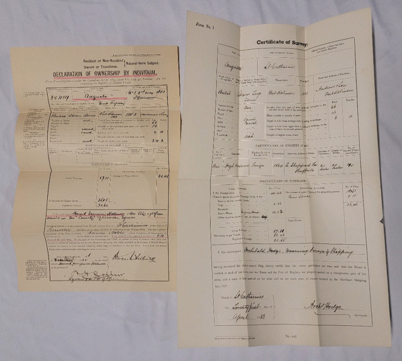 1883 " Augusta " Great Lakes Steam Tug Screw Certificate of Survey & 1885 Declaration of Ownership Document . Great Lakes / Niagara Region Nautical History