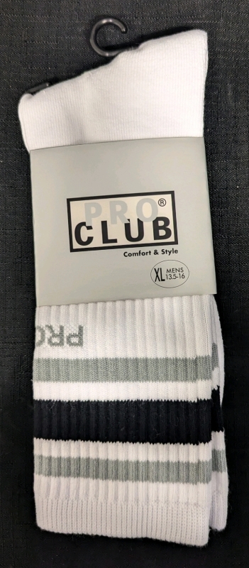 New: Pro Club - Men's XL Stripe Crew Sock. White/Black/Grey Stripes.