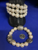 Bivalve Chunky Shell Necklace Faux Pearl Wrap + Expansion Bracelet Lovely Pierced Earrings - 2