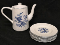 Royal Blue Ironstone Wedgwood Teapot 7.5" Tall + Plates 7" Diameter