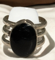 Sterling Oval Black Onyx 3 Band Ring Open Back