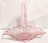 Pink Glass L.E Smith Victoria Feather Flower/Fruit Basket w/ Handle - 10" Long & 8" Tall - 2