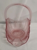 Pink Glass L.E Smith Victoria Feather Flower/Fruit Basket w/ Handle - 10" Long & 8" Tall - 3