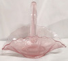 Pink Glass L.E Smith Victoria Feather Flower/Fruit Basket w/ Handle - 10" Long & 8" Tall - 4