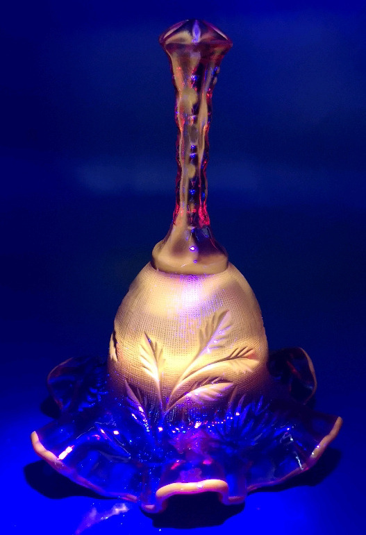 Unsigned Fenton Country Cranberry Glass Bell w/ Amberina Handle 6.5" Tall with CADMIUM Glows Under UV Light - Embossed Leaves