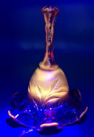 Unsigned Fenton Country Cranberry Glass Bell w/ Amberina Handle 6.5" Tall with CADMIUM Glows Under UV Light - Embossed Leaves