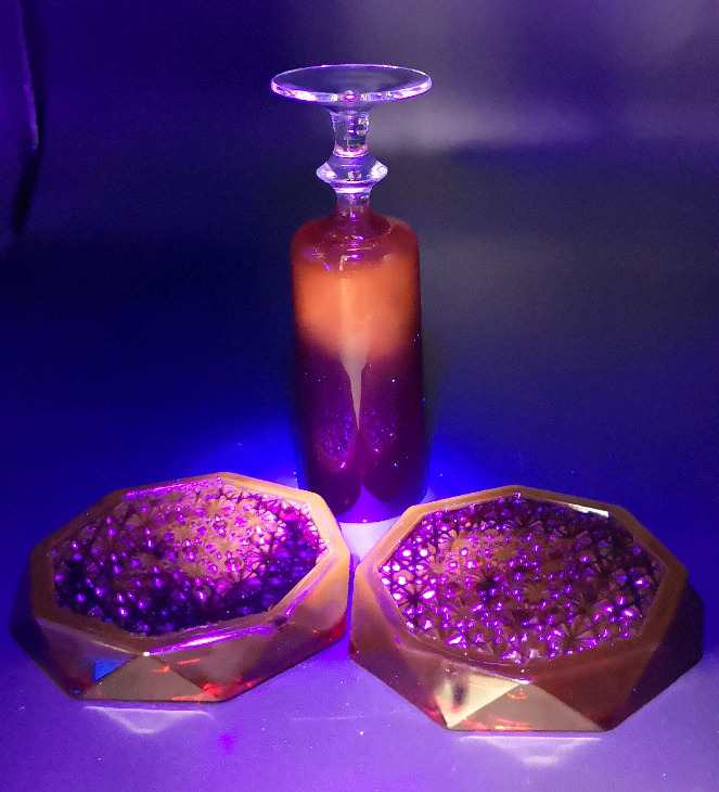 Ruby Red Glass Coasters + Glass with CADMIUM Glows Under UV Light