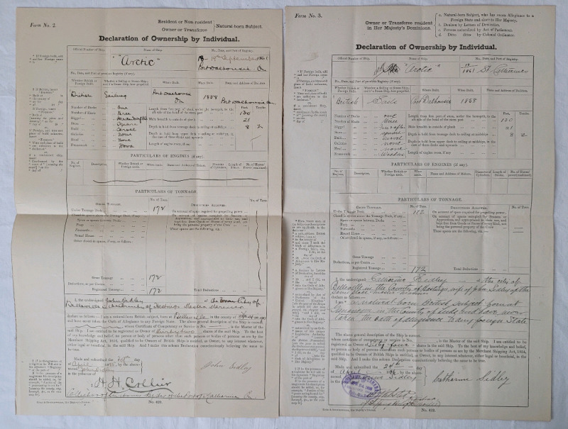 1885 & 1896 " Arctic " Great Lakes 3-Mast Barque Sailing Ship Declaration of Ownership Documents . Great Lakes / Niagara Region Nautical History