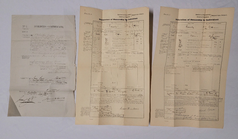 1874 " Grimsby " Great Lakes 2-Mast Ketch Sailing Ship Builders Certificate & 1905 Declaration of Ownership Documents . Great Lakes / Niagara Region Nautical History