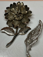 Two Elegant Figural Brooches Large Dimensional Flower Rhinestone Spray Leaf Faux Pearl