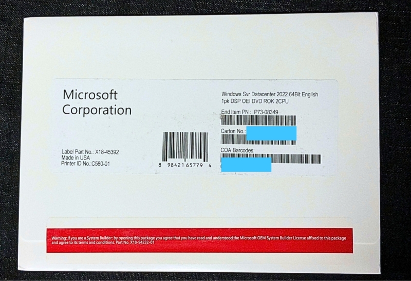 10 (ten) | New Microsoft Corporation | Windows Server Datacenter 2022 64Bit English 1pk DSP OEI DVD ROJ 2CPU | Part # X18-4592 / P73-08349 | Single Key & Media