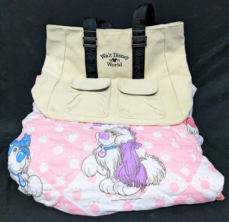 Walt Disney World Canvas Tote Bag (5" x 5" x 14") & 1986 Disney's Fluppy Puppies Ruffled Comforter / Bed Spread (64.5" x 94")