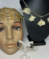 Unusual Vintage and Unique Fabric Floral Necklace Beaded Star Drop Head Dress West German Earrings