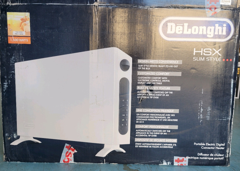 New , Open Box - DeLonghi HSX Slim Style Portable Electric Digital Convector Heater 120V 1500W , Model # HSX4315ECA . Tested Working