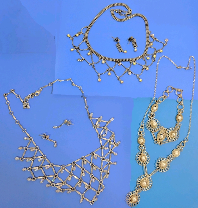 2 Silver Tone + Gunmetal AB Wash Bib-Style Necklace & Earrings Sets + Filigree Faux Pearl Necklace w Matching Bracelet | Necklaces 15.5" - 18" Long