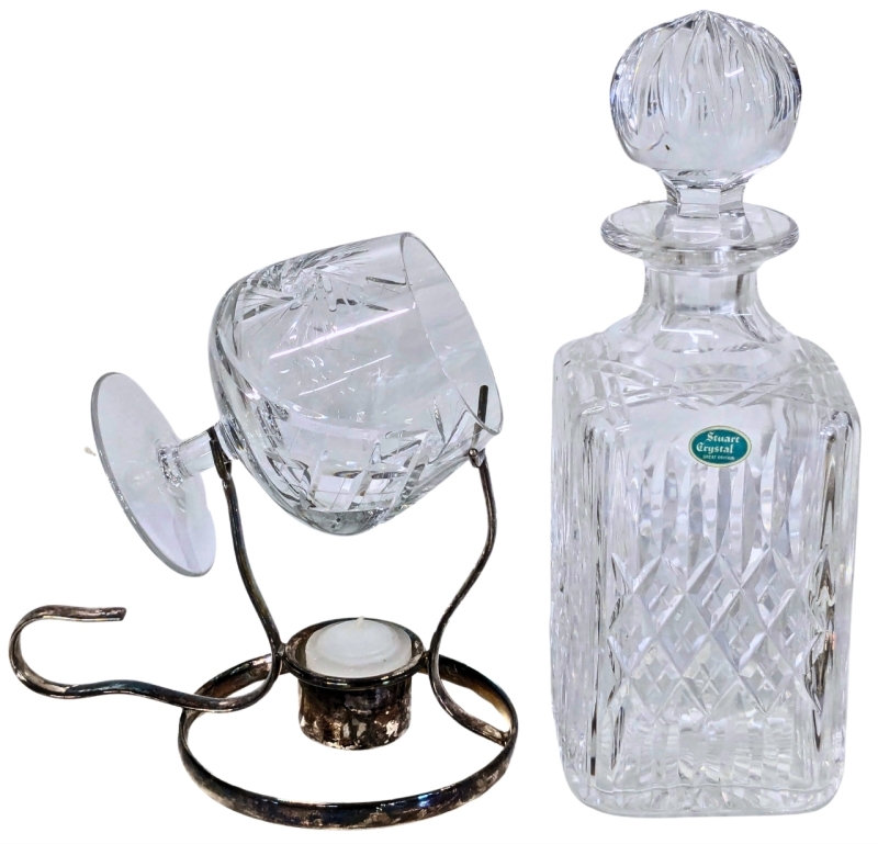 Vintage WMA Rogers EP Brandy Warmer w Pinwheel Crystal Brandy Glass + Stuart Crystal Decanter w Stopper | Decanter 10" Tall