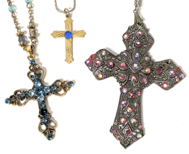 3 Necklaces with Ornate to Classic Gold Tone Crosses w Rhinestone(s) | Chains up to 24" Long