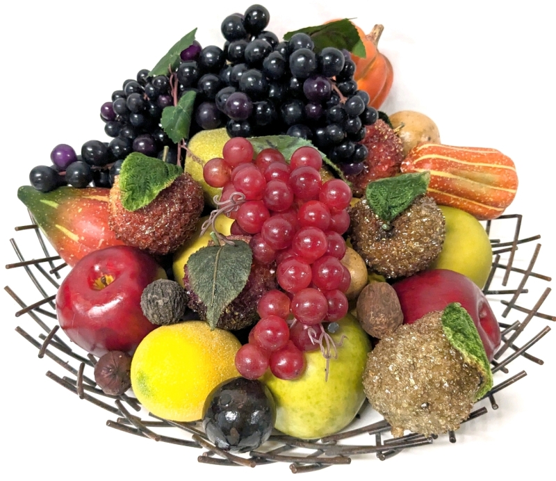 25+ Pieces of Artificial Decorative Fruit, Gourds & Nuts + Nest-Like Fruit Bowl | Deep Purple Grapes 12" Long, Bowl 17" Diameter